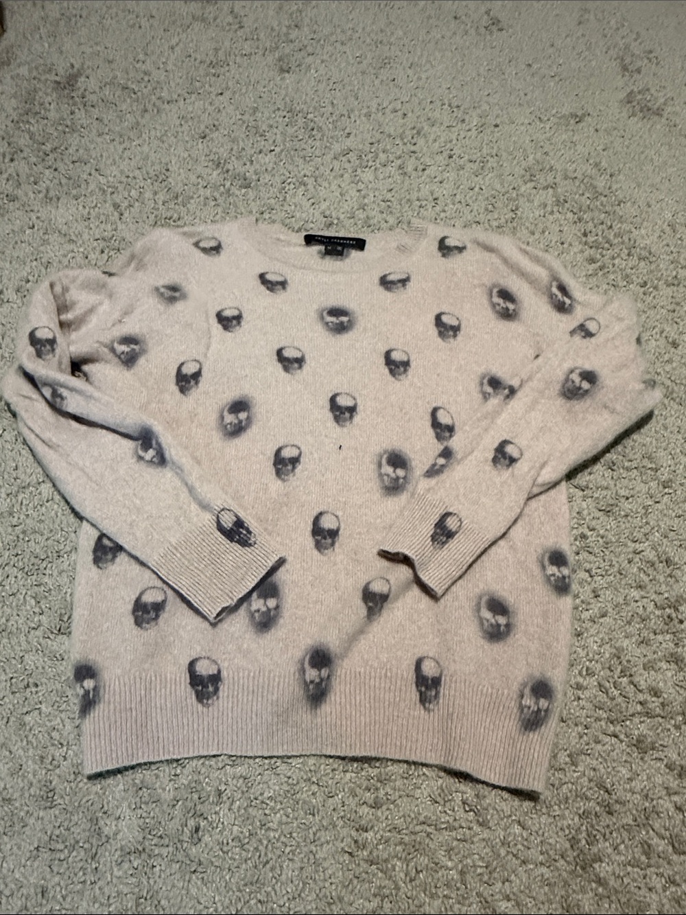 Skull Cashmere Light Pink & Gray Skull-Print Crewneck Sweater